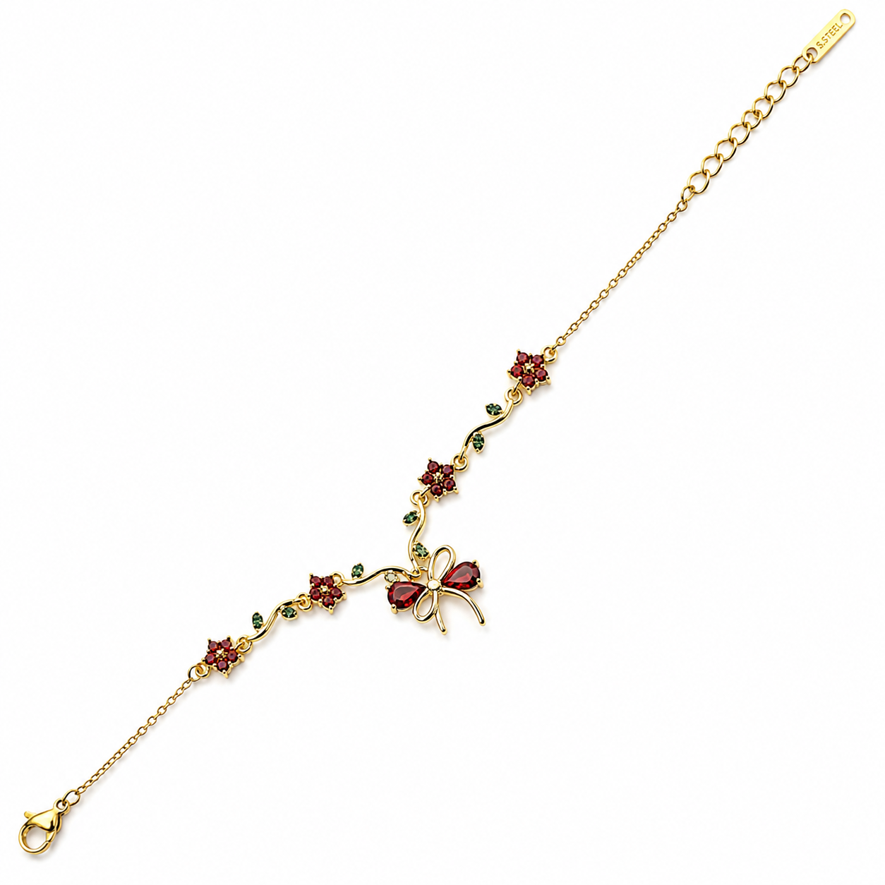 Green Emerald & Red Ruby Cubic Zirconia Tulip Design American Diamond Gold Plated Stainless Steel Bracelet