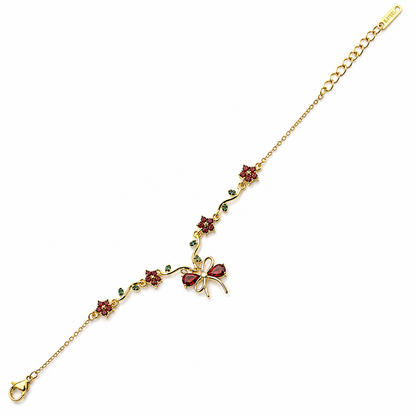 Green Emerald & Red Ruby Cubic Zirconia Tulip Design American Diamond Gold Plated Stainless Steel Bracelet