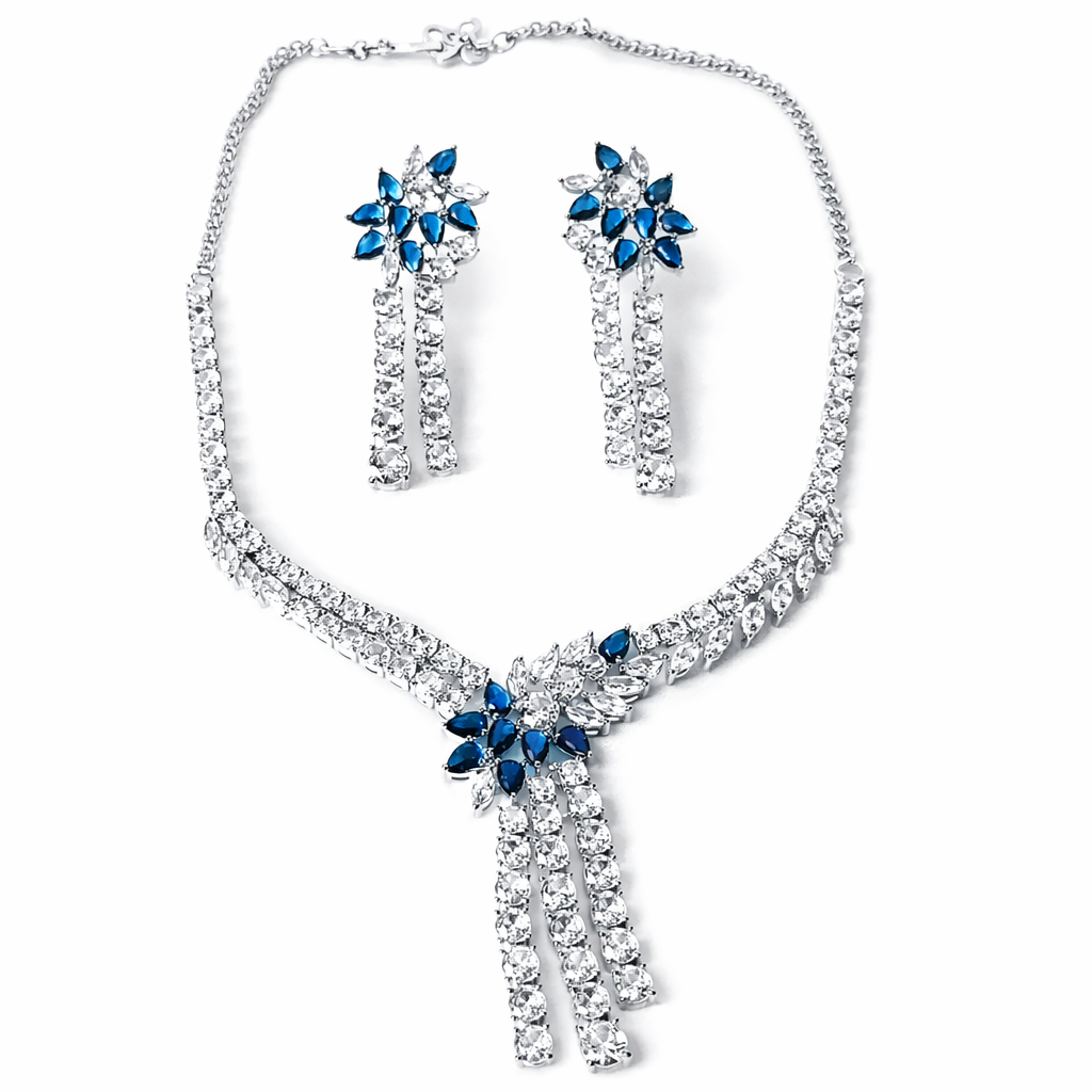 Blue Sapphire Cubic Zirconia American Diamond Silver Plated Necklace Set