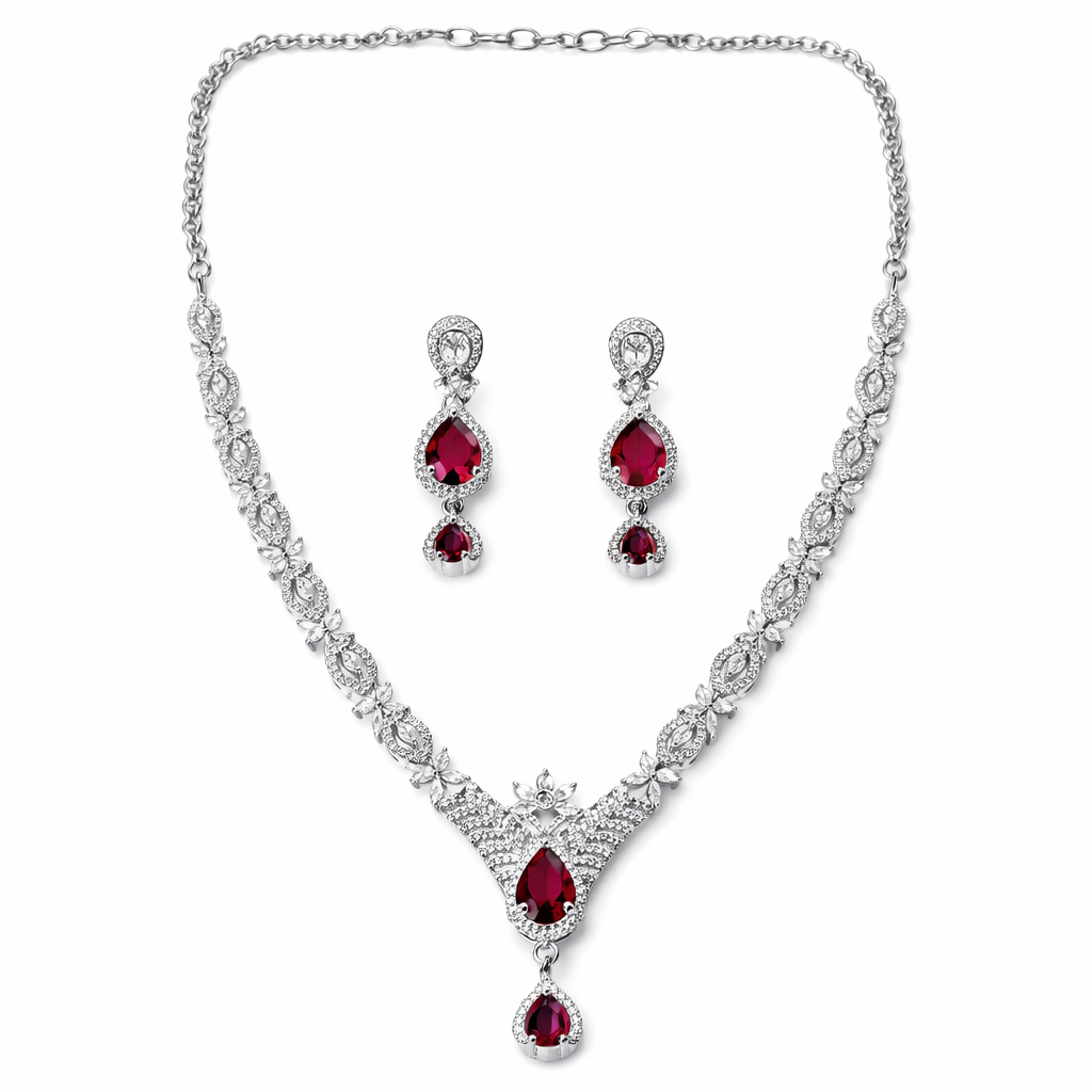 Red Ruby Cubic Zirconia American Diamond Silver Plated Necklace Set