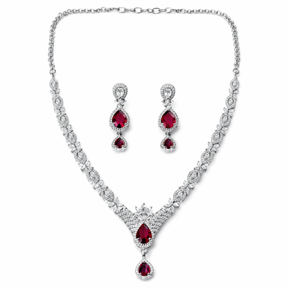 Red Ruby Cubic Zirconia American Diamond Silver Plated Necklace Set