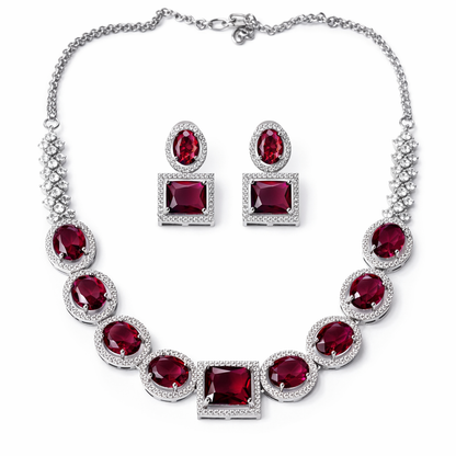 Red Ruby Cubic Zirconia American Diamond Silver Plated Necklace Set