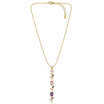 Pink Topaz & Purple Amethyst Cubic Zirconia Tulip Design American Diamond Gold Plated Stainless Steel Necklace
