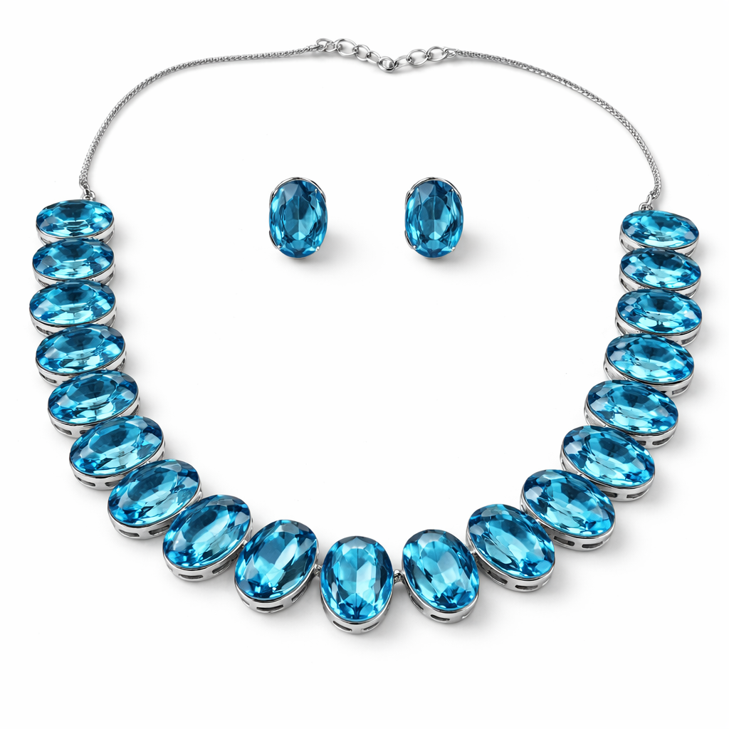 Aqua Blue Indicolite Swarovski Crystal Silver Plated Necklace Set
