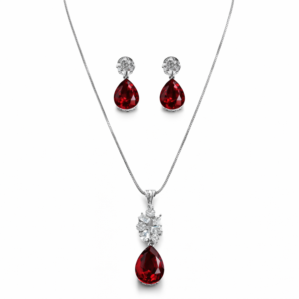 Red Siam Swarovski Crystal American Diamond Silver Plated Pendant Set