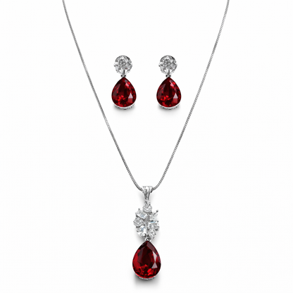 Red Siam Swarovski Crystal American Diamond Silver Plated Pendant Set