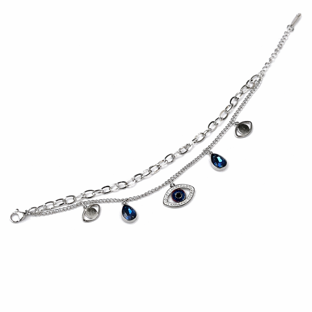 Evil Eye Sapphire Blue Inspired CZ Silver-Plated Stainless Steel Bracelet