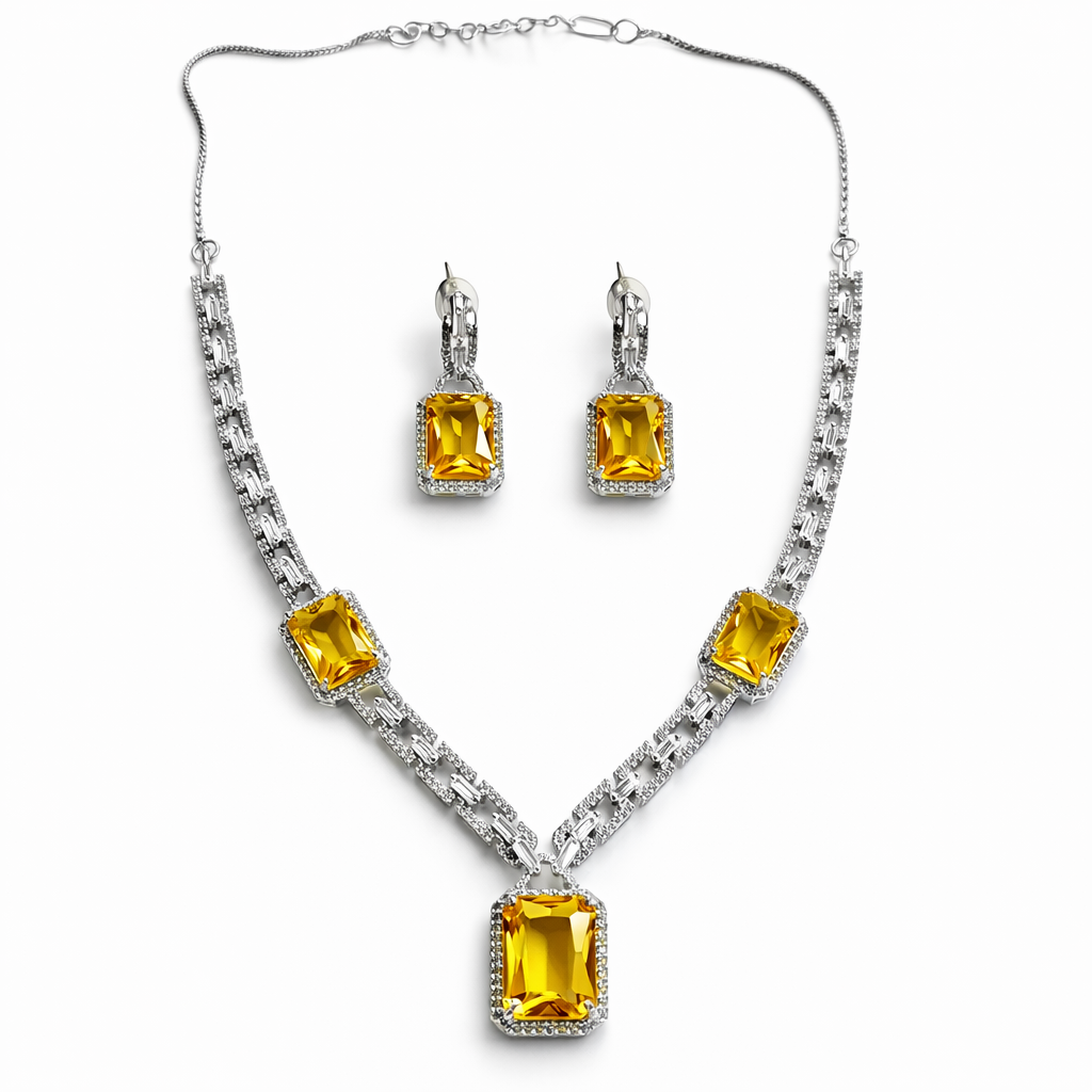 Yellow Topaz Cubic Zirconia American Diamond Silver Plated Necklace Set