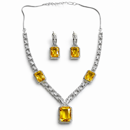 Yellow Topaz Cubic Zirconia American Diamond Silver Plated Necklace Set