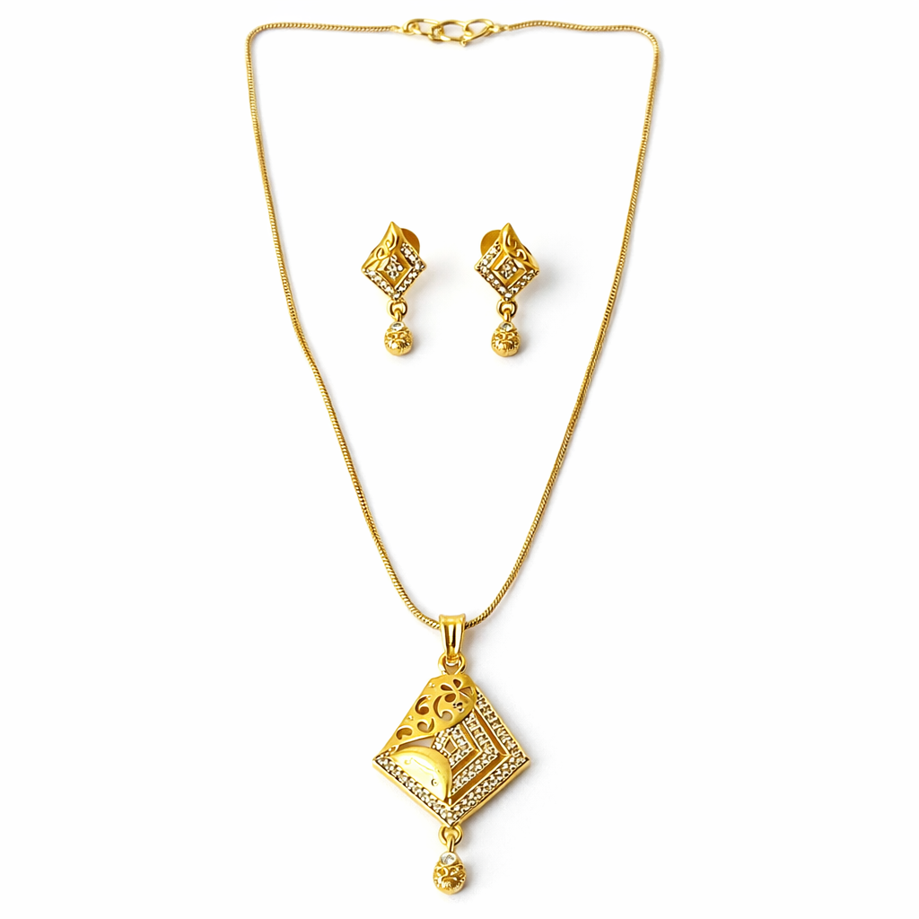 Solitaire Cubic Zirconia American Diamond 1 Micron Gold Plated Pendant Set