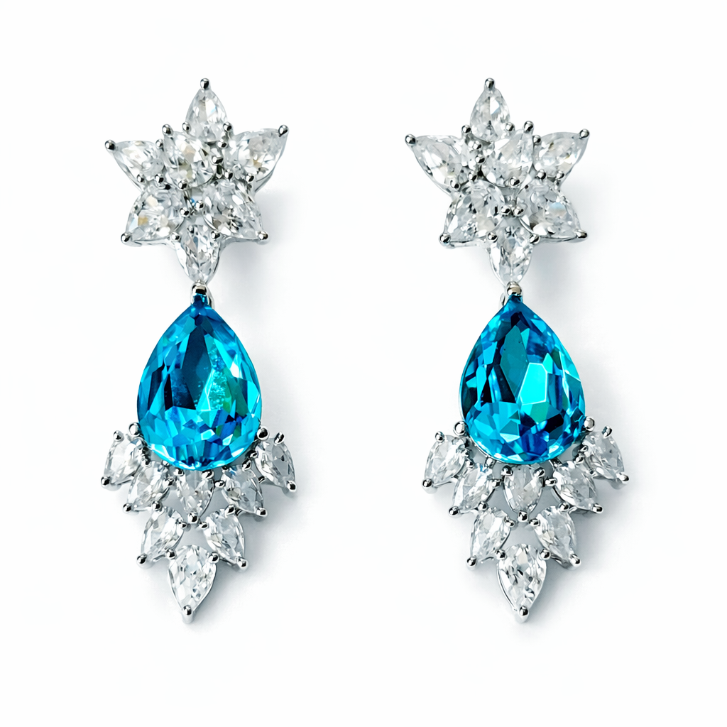 Aqua Blue Indicolite Swarovski Crystal American Diamond Silver Plated Earrings