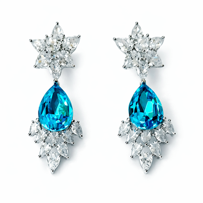 Aqua Blue Indicolite Swarovski Crystal American Diamond Silver Plated Earrings