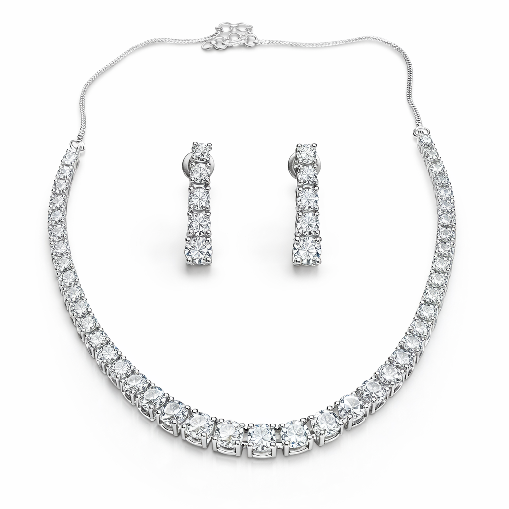 Solitaire Cubic Zirconia American Diamond Silver Plated Necklace Set
