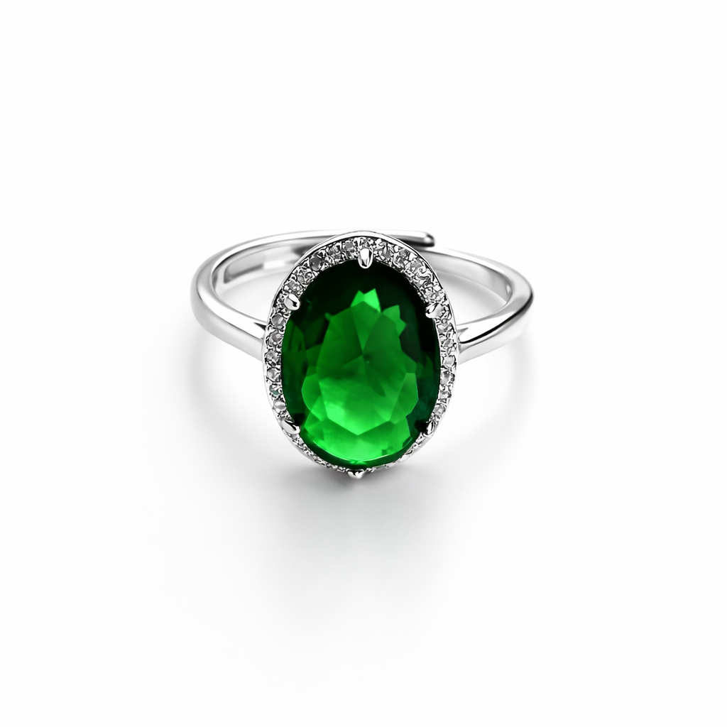 Green Emerald Cubic Zirconia Ice Cut American Diamond Silver Plated Adjustable Ring