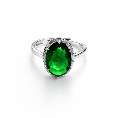 Green Emerald Cubic Zirconia Ice Cut American Diamond Silver Plated Adjustable Ring