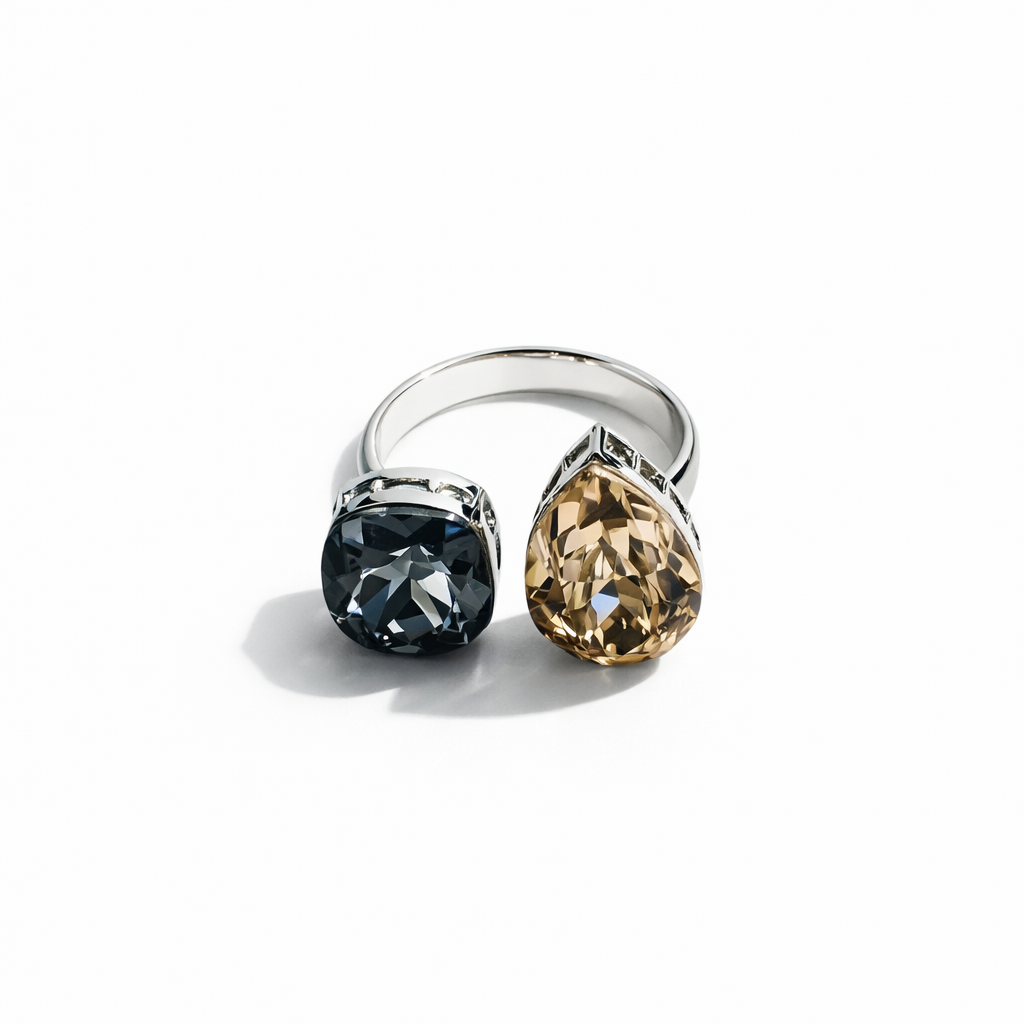 Jonquil & Morion Swarovski Crystals Silver Plated Adjustable Ring