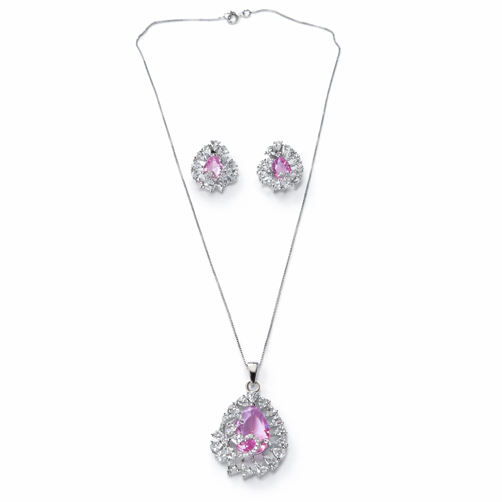 Pink Topaz Cubic Zirconia American Diamond Silver Plated Pendant Set