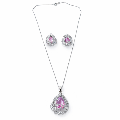 Pink Topaz Cubic Zirconia American Diamond Silver Plated Pendant Set