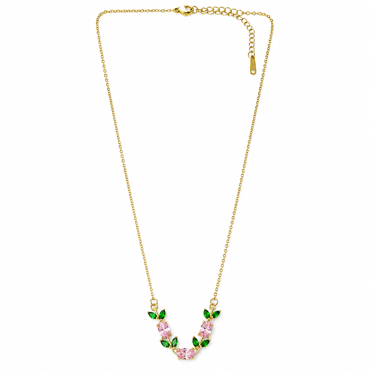 Green Emerald & Pink Topaz Cubic Zirconia Tulip Design American Diamond Gold Plated Stainless Steel Necklace