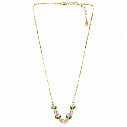 Green Emerald & Pink Topaz Cubic Zirconia Tulip Design American Diamond Gold Plated Stainless Steel Necklace