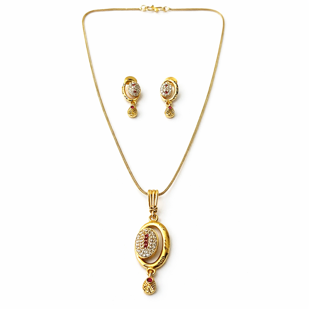Red Ruby & Solitaire Cubic Zirconia American Diamond 1 Micron Gold Plated Pendant Set