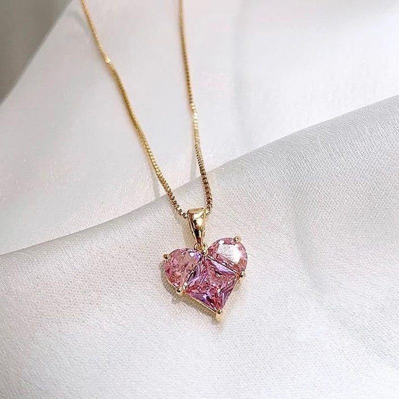 Pink Topaz Crystal Cubic Zircon Heart Design Gold Plated Stainless Steel Necklace