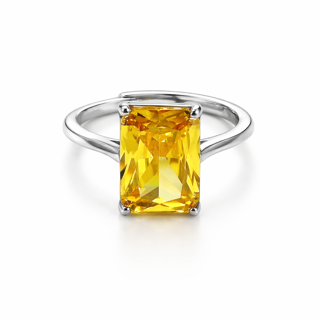 Yellow Topaz Cubic Zirconia Ice Cut American Diamond Silver Plated Adjustable Ring