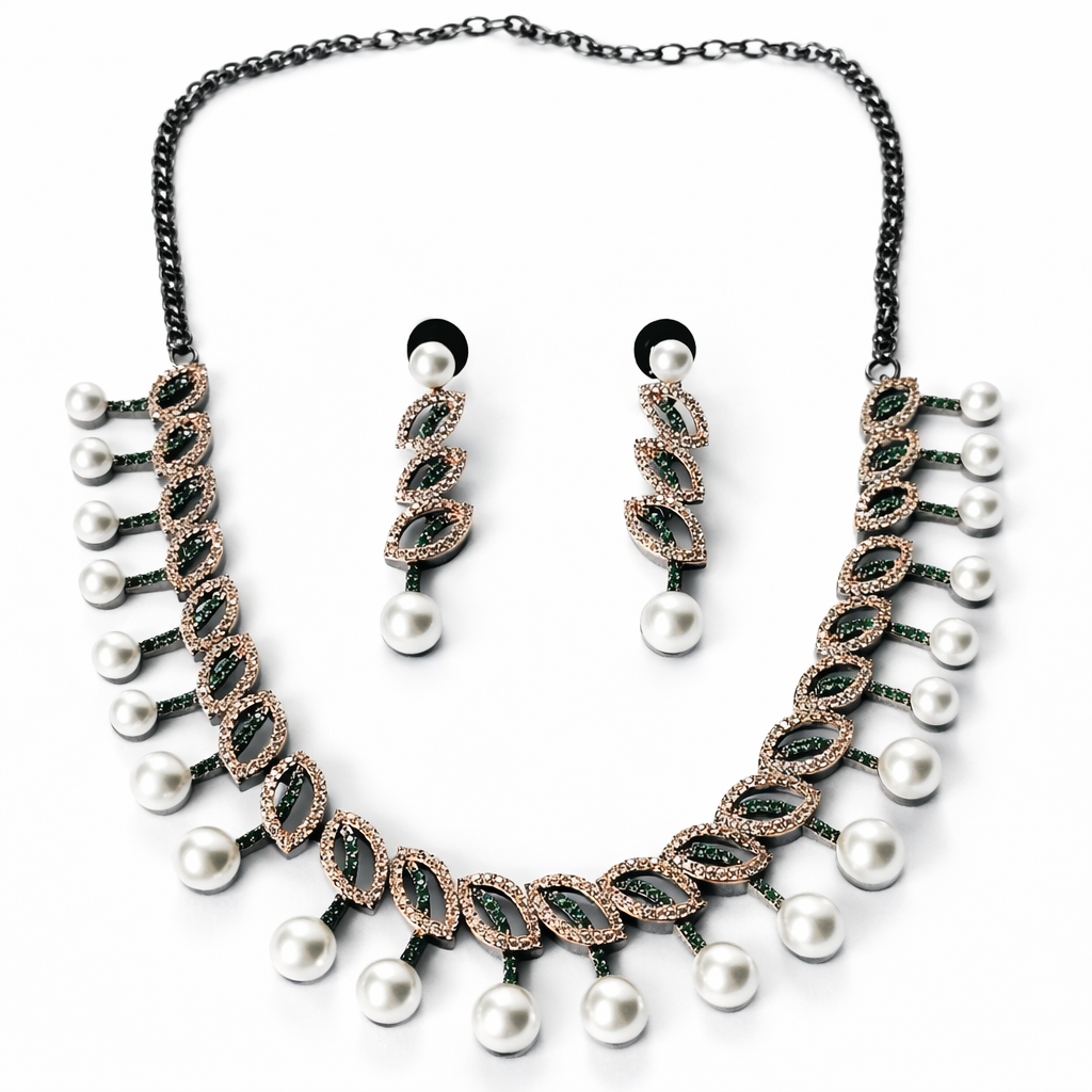 Black Cubic Zirconia American Diamond Victorian Plated Necklace Set