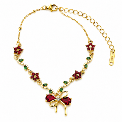 Green Emerald & Red Ruby Cubic Zirconia Tulip Design American Diamond Gold Plated Stainless Steel Bracelet