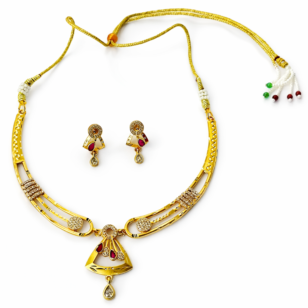 Red Ruby & Solitaire Cubic Zirconia American Diamond 1 Micron Gold Plated Necklace Set