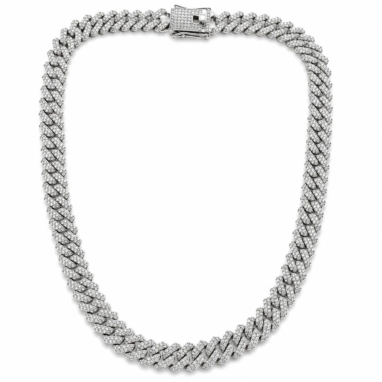 Solitaire Cubic Zirconia Iced-Out American Diamond Silver Plated Cuban Neck Chain [Unisex (19.5 Inches)]