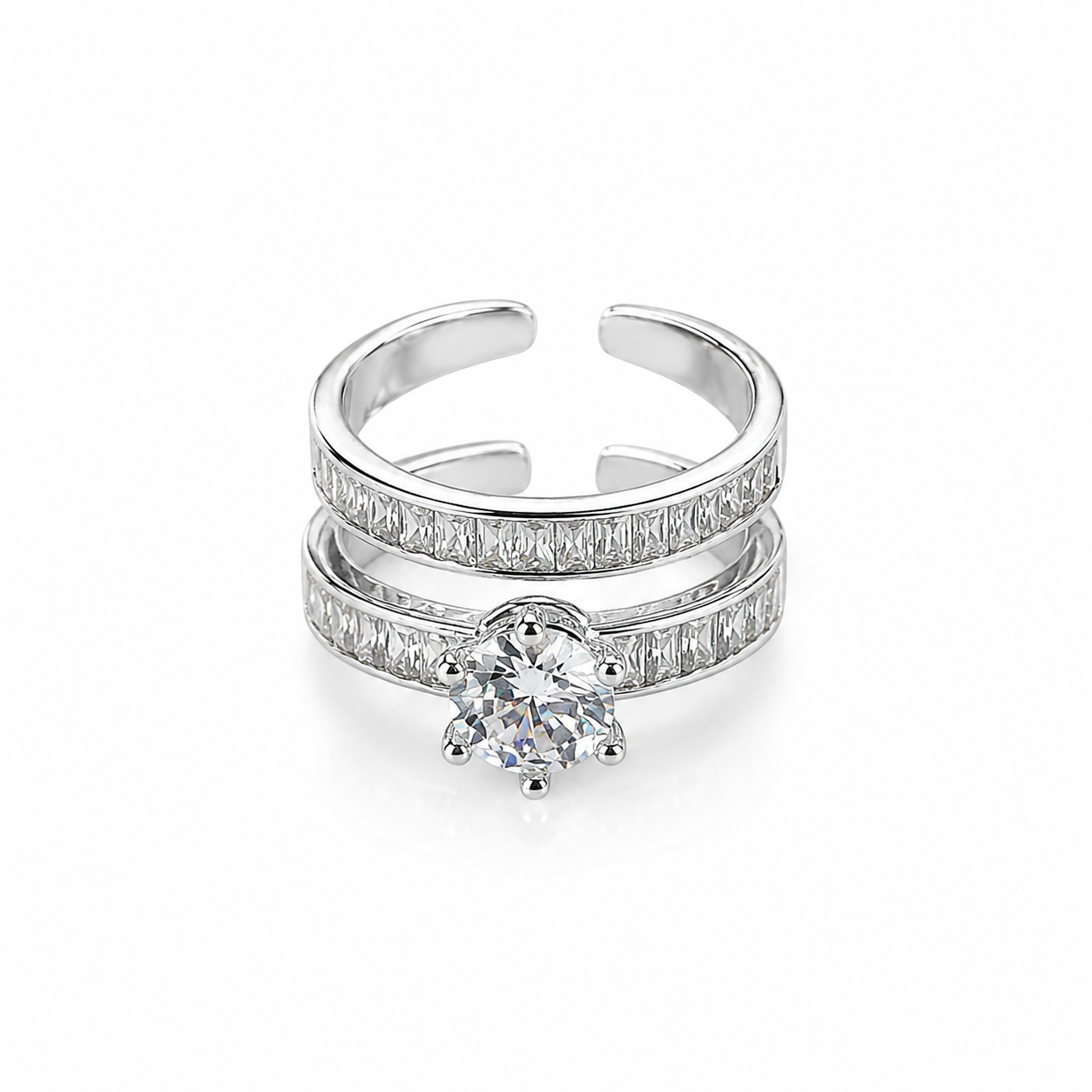 Solitaire Cubic Zirconia American Diamond Silver Plated Adjustable Ring