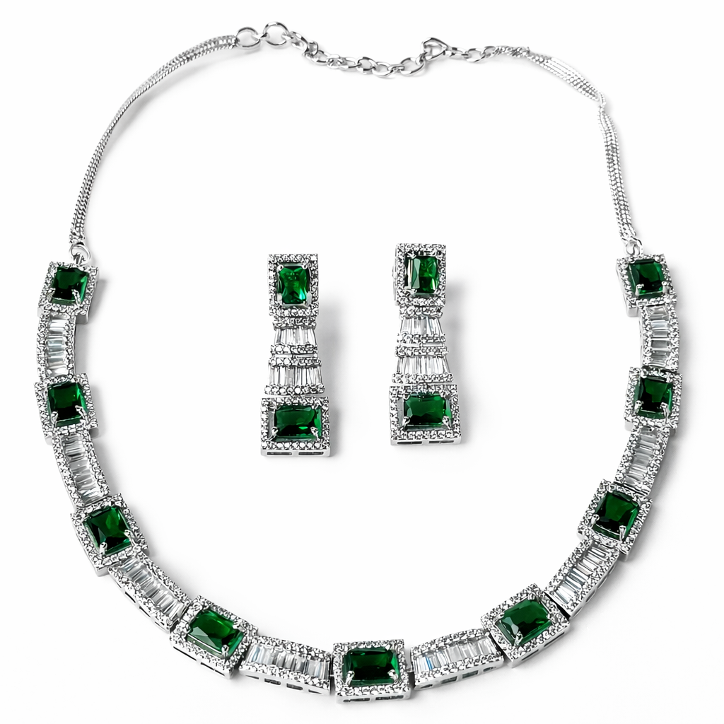 Green Emerald Cubic Zirconia American Diamond Silver Plated Necklace Set