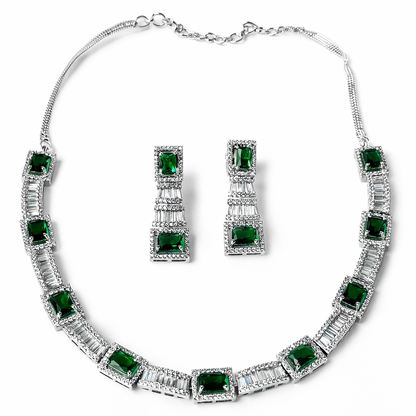 Green Emerald Cubic Zirconia American Diamond Silver Plated Necklace Set