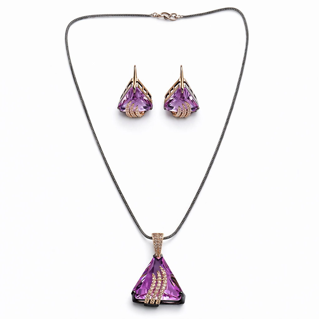 Pink Topaz Cubic Zirconia American Diamond Victorian Plated Pendant Set