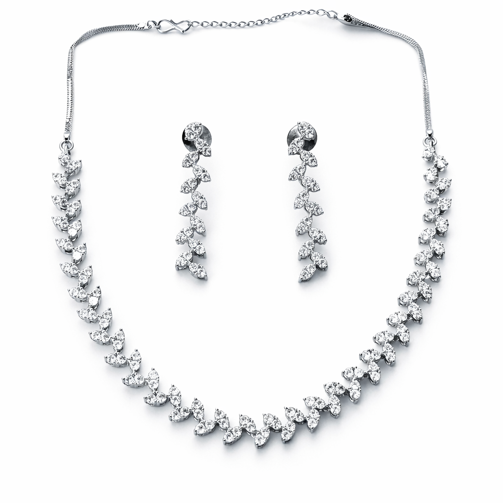 Solitaire Cubic Zirconia American Diamond Silver Plated Necklace Set