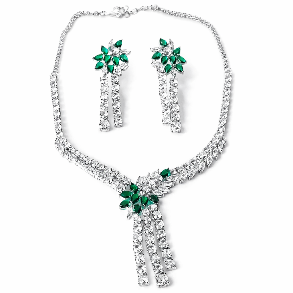 Green Emerald Cubic Zirconia American Diamond Silver Plated Necklace Set