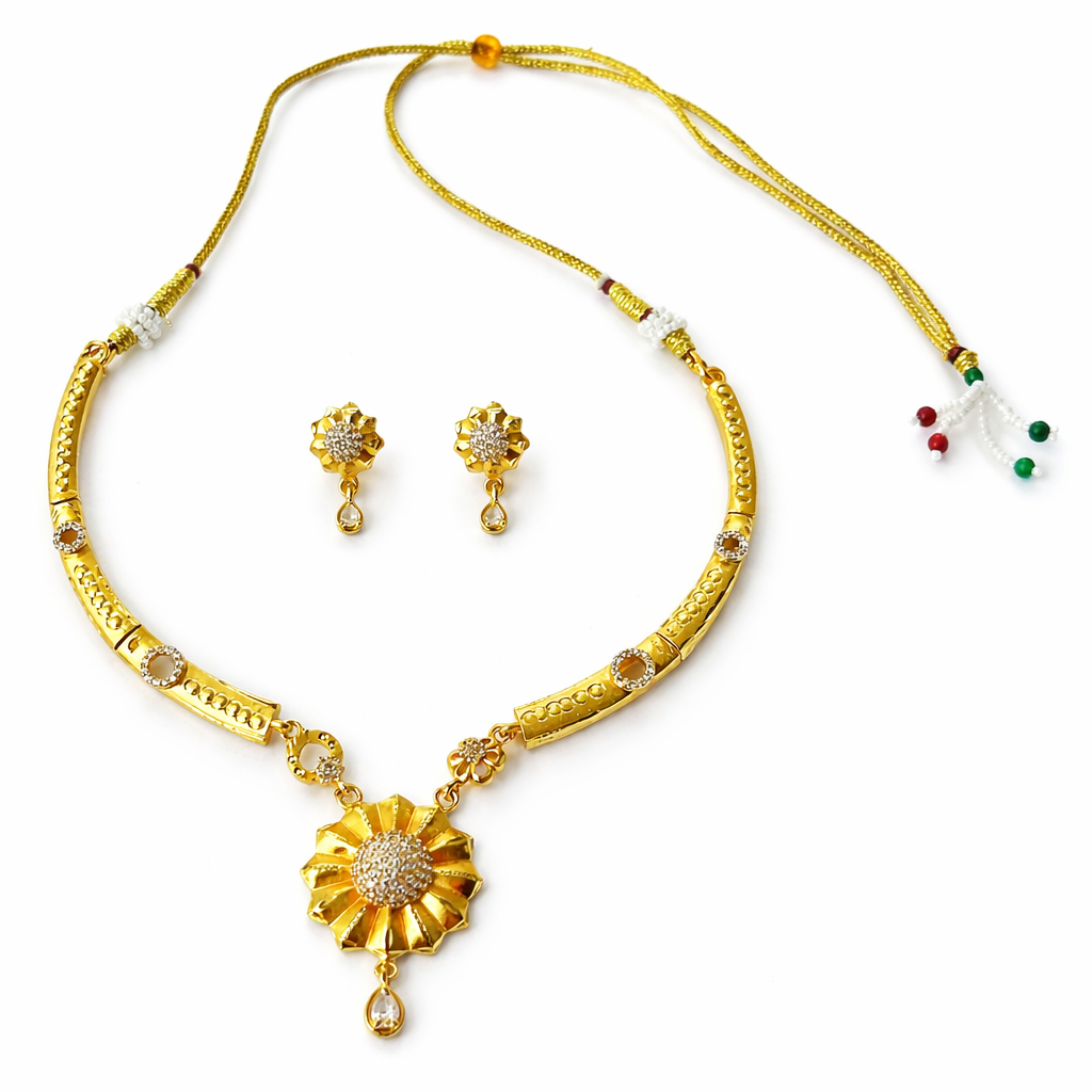 Solitaire Cubic Zirconia American Diamond 1 Micron Gold Plated Necklace Set
