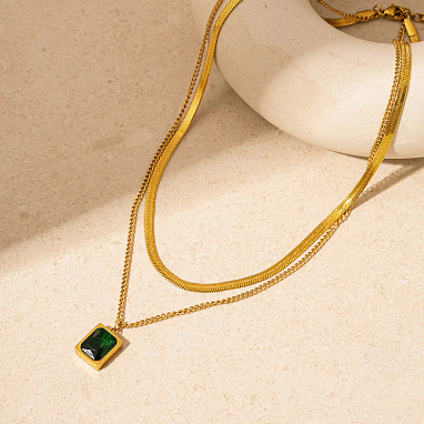 Green Emerald Gold Plated Stainless Steel Necklace