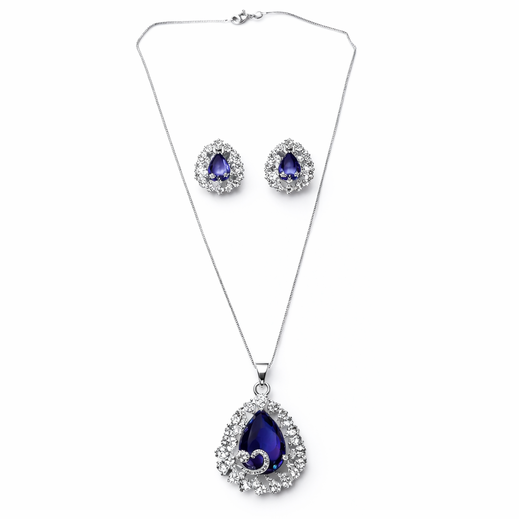 Purple Amethyst Cubic Zirconia American Diamond Silver Plated Pendant Set