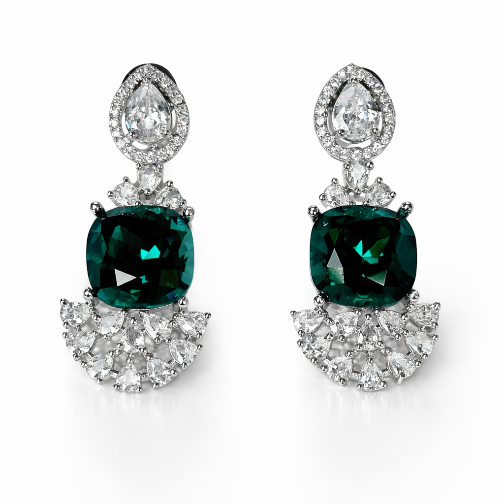 Green Emerald Swarovski Crystal American Diamond Silver Plated Earrings
