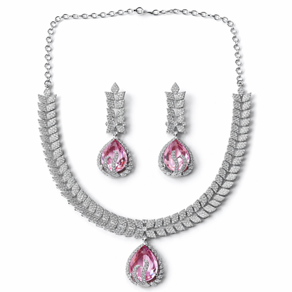 Pink Topaz Cubic Zirconia American Diamond Silver Plated Necklace Set