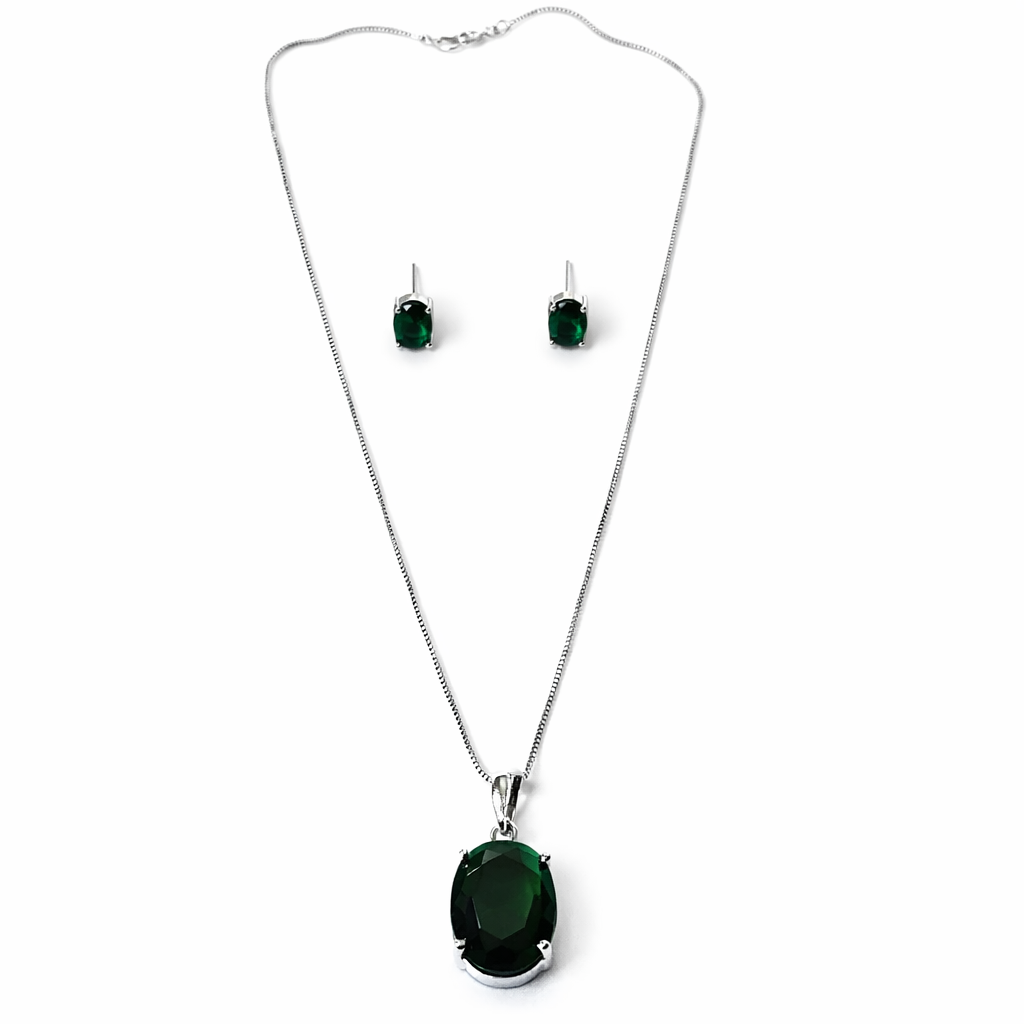Green Emerald Cubic Zirconia American Diamond Silver Plated Pendant Set