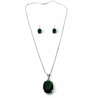 Green Emerald Cubic Zirconia American Diamond Silver Plated Pendant Set