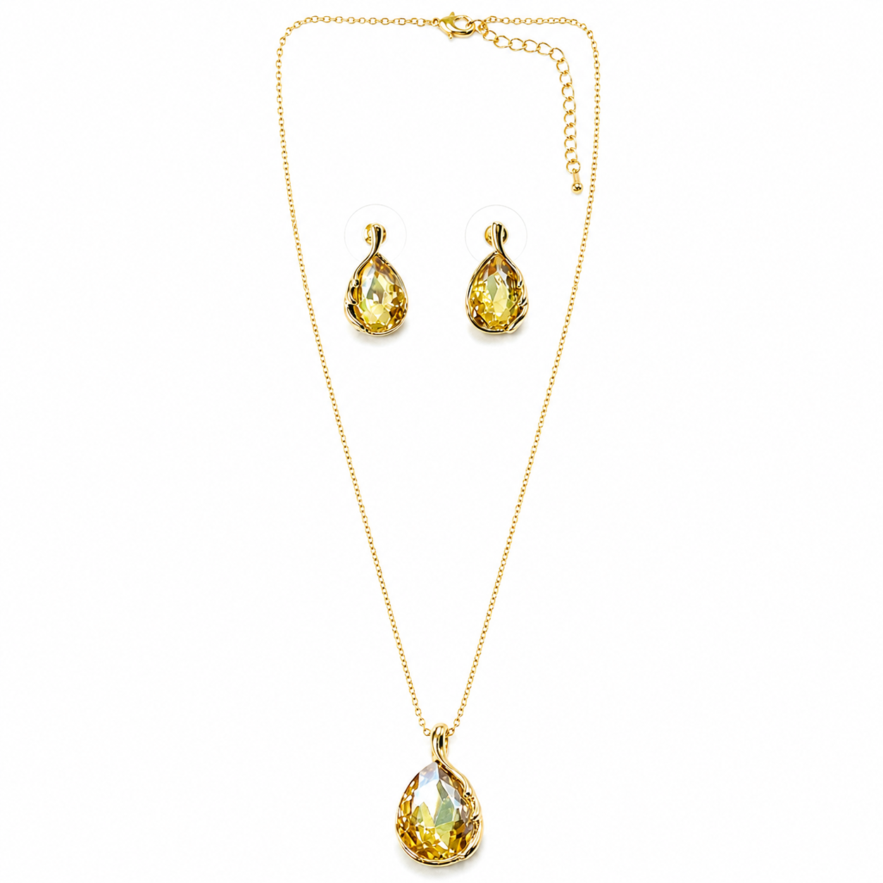 Yellow Smoked Topaz Cubic Zirconia American Diamond Gold Plated Pendant Set