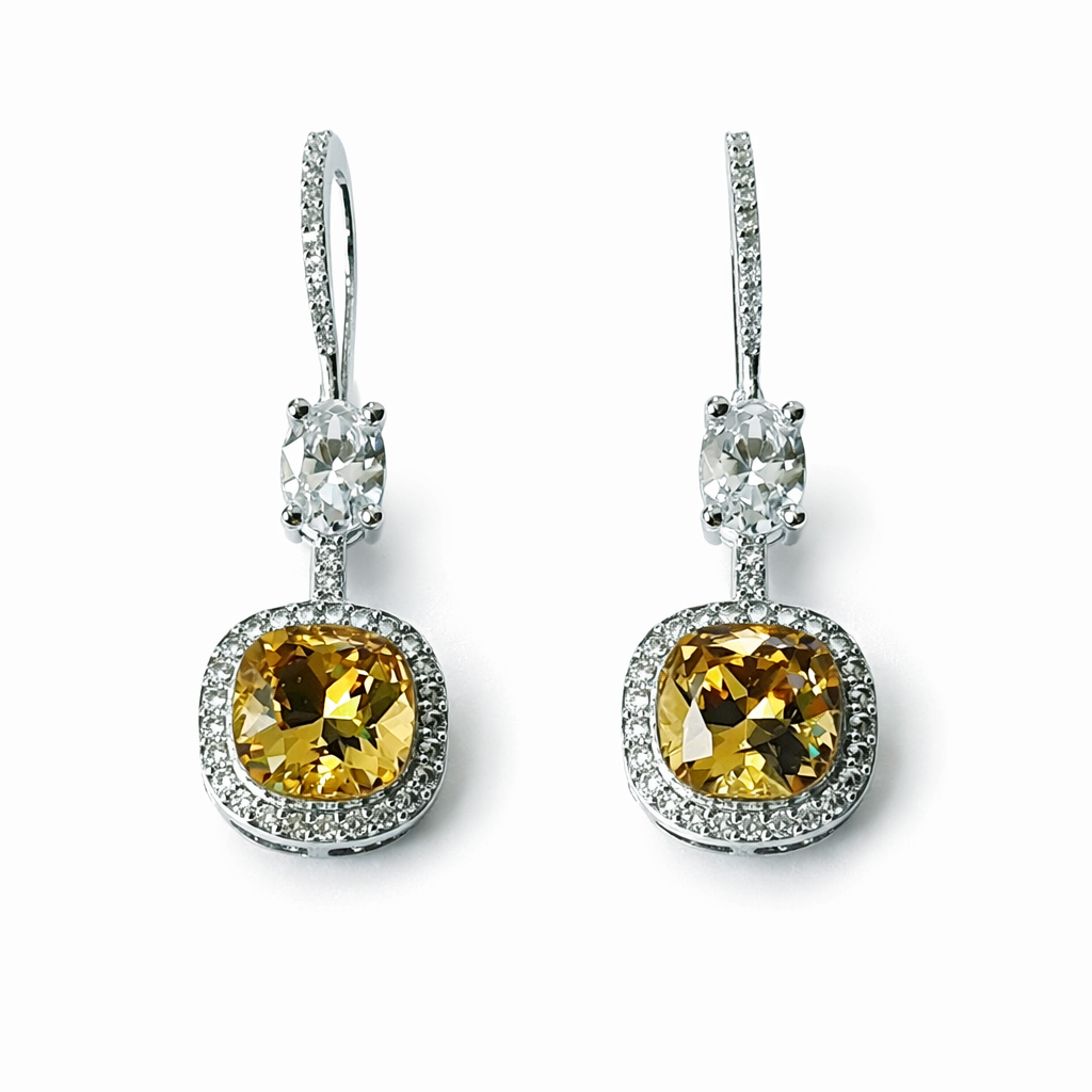 Yellow Topaz Swarovski Crystal American Diamond Silver Plated Earrings
