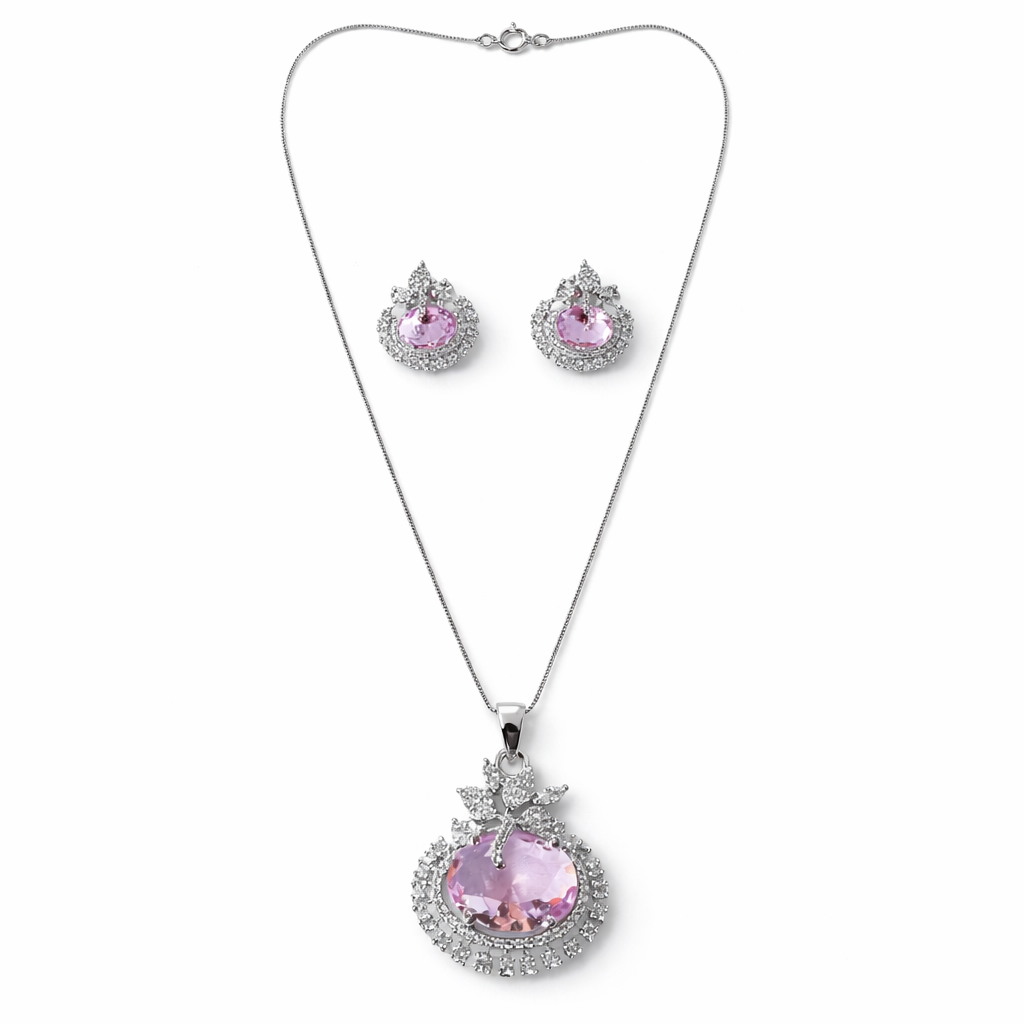 Pink Topaz Cubic Zirconia American Diamond Silver Plated Pendant Set