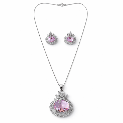 Pink Topaz Cubic Zirconia American Diamond Silver Plated Pendant Set