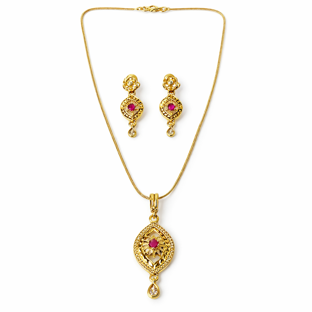 Red Ruby & Solitaire Cubic Zirconia American Diamond 1 Micron Gold Plated Pendant Set