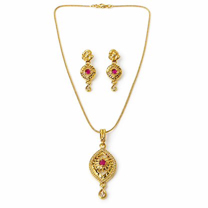 Red Ruby & Solitaire Cubic Zirconia American Diamond 1 Micron Gold Plated Pendant Set